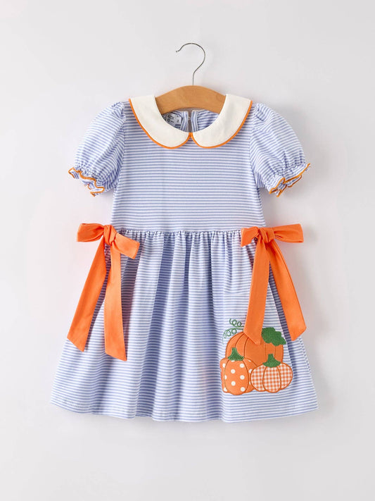 Fall Lapel Stripe Pumpkin Applique Bow Girls Dress
