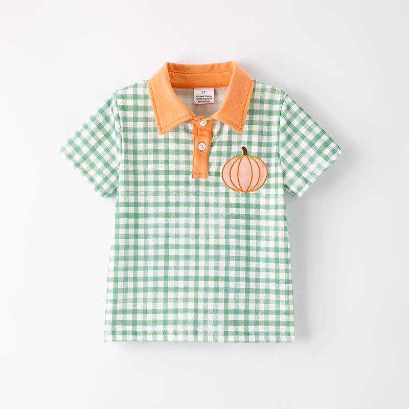 Boys Halloween Green Plaid Yellow Pumpkin Applique Shirt