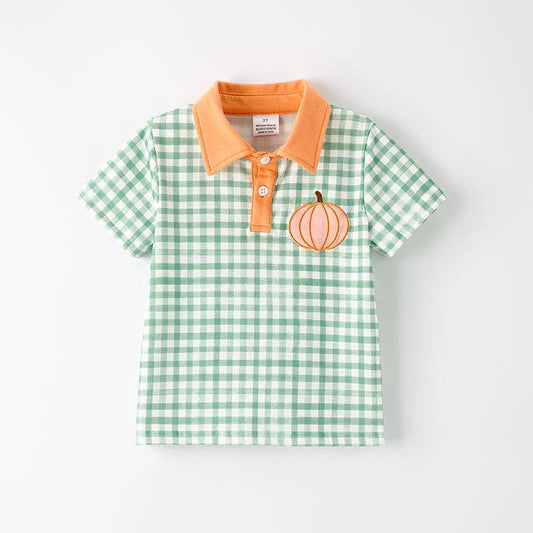 Boys Halloween Green Plaid Yellow Pumpkin Applique Shirt