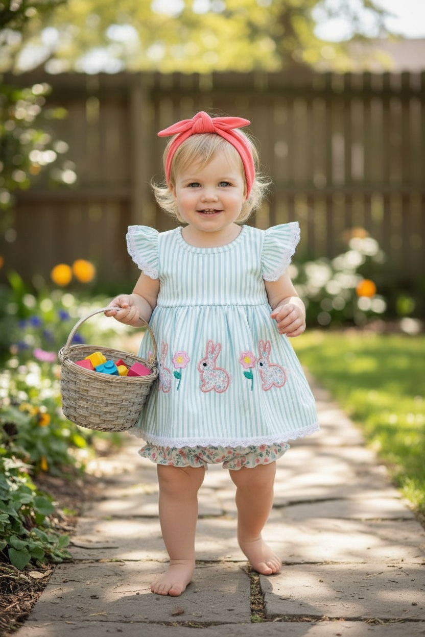 Easter bunny applique striped 2 piece set