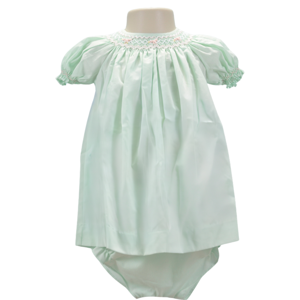 Mint Geometric Smocked Short Sleeve Bishop Dress With Little Birds Embroidered
