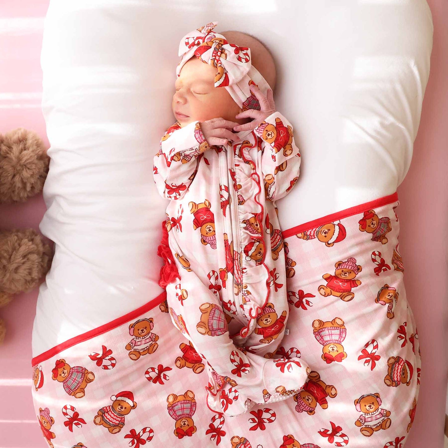 Beary Christmas Ruffle Zipper Footie | Pink