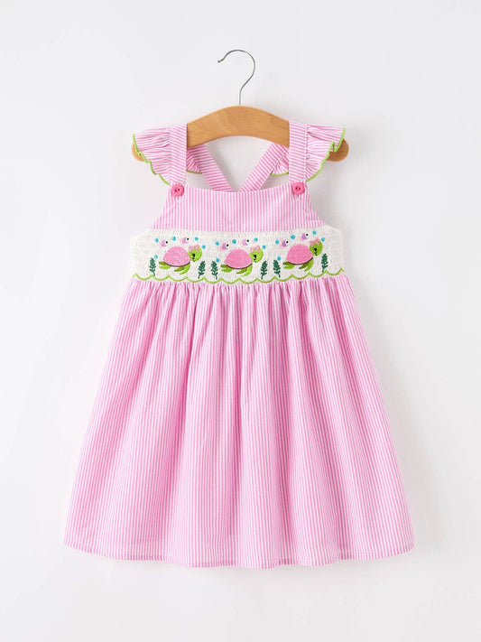 Turtle Girls Dress Pink Stripe Ruffle Strap