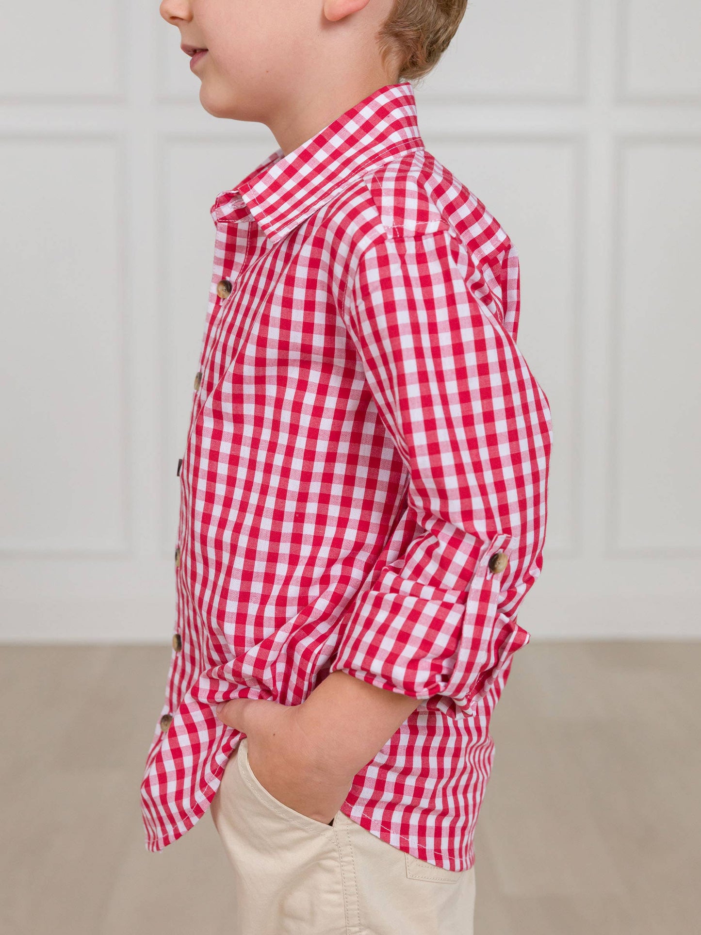 Boys Christmas Classic Red Gingham Long Sleeve Button Down Shirt