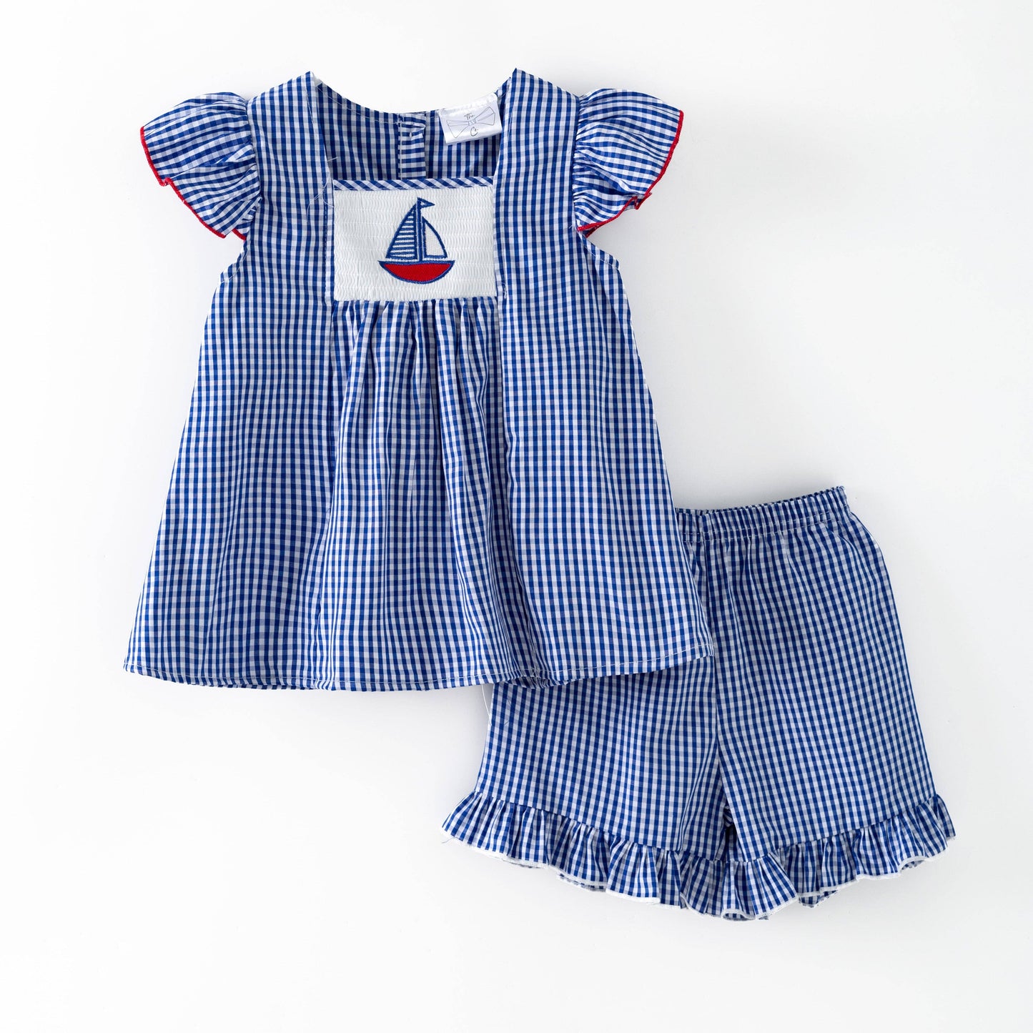 Blue Gingham Smocked Sailboat Girls Short Set