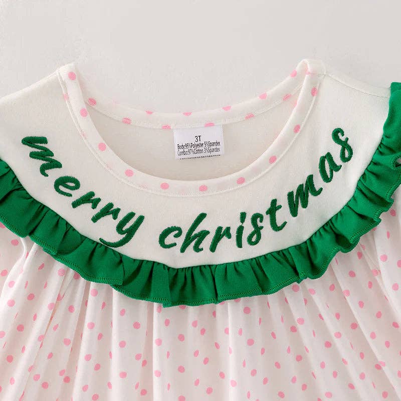 Girls Pink Dot Merry Christmas Embroidery Dress