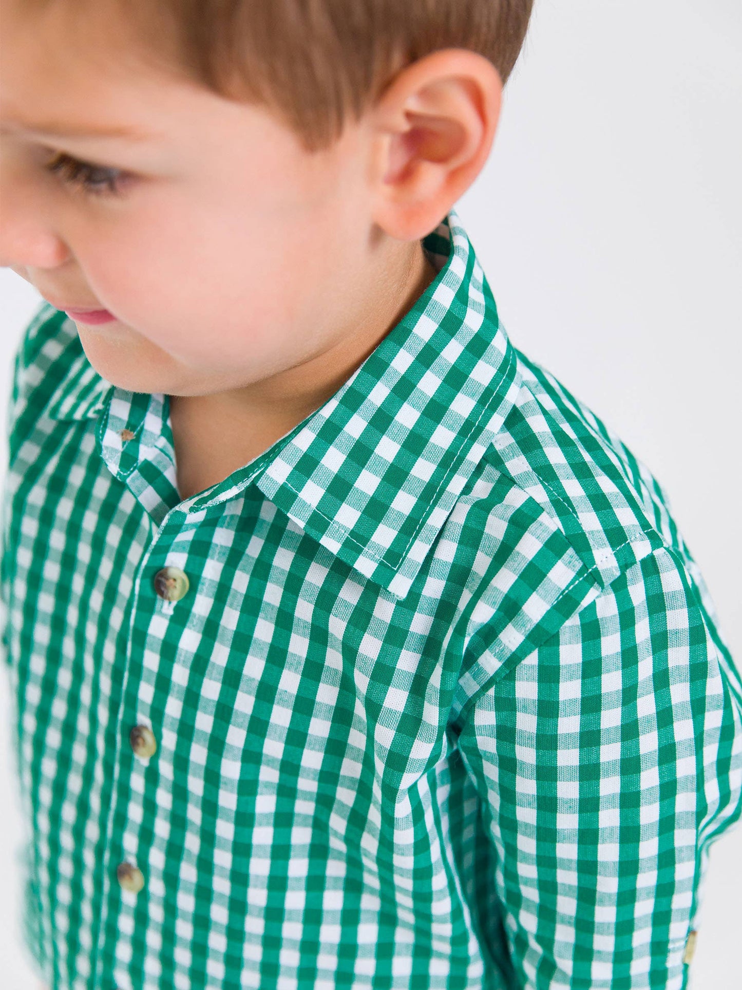 Boys Christmas Classic Emerald Green Gingham Long Sleeve Button Down Shirt