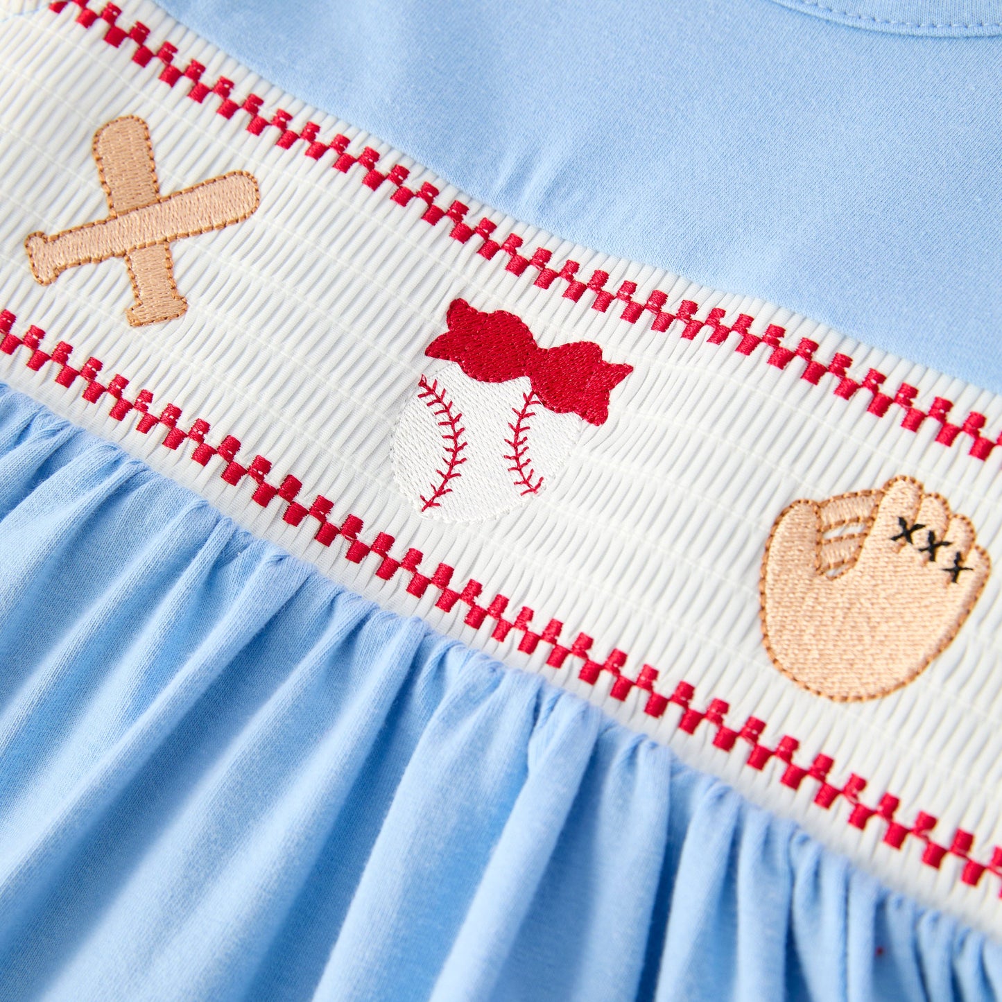Girls Baseball Embroidery Smocked Blue Dress