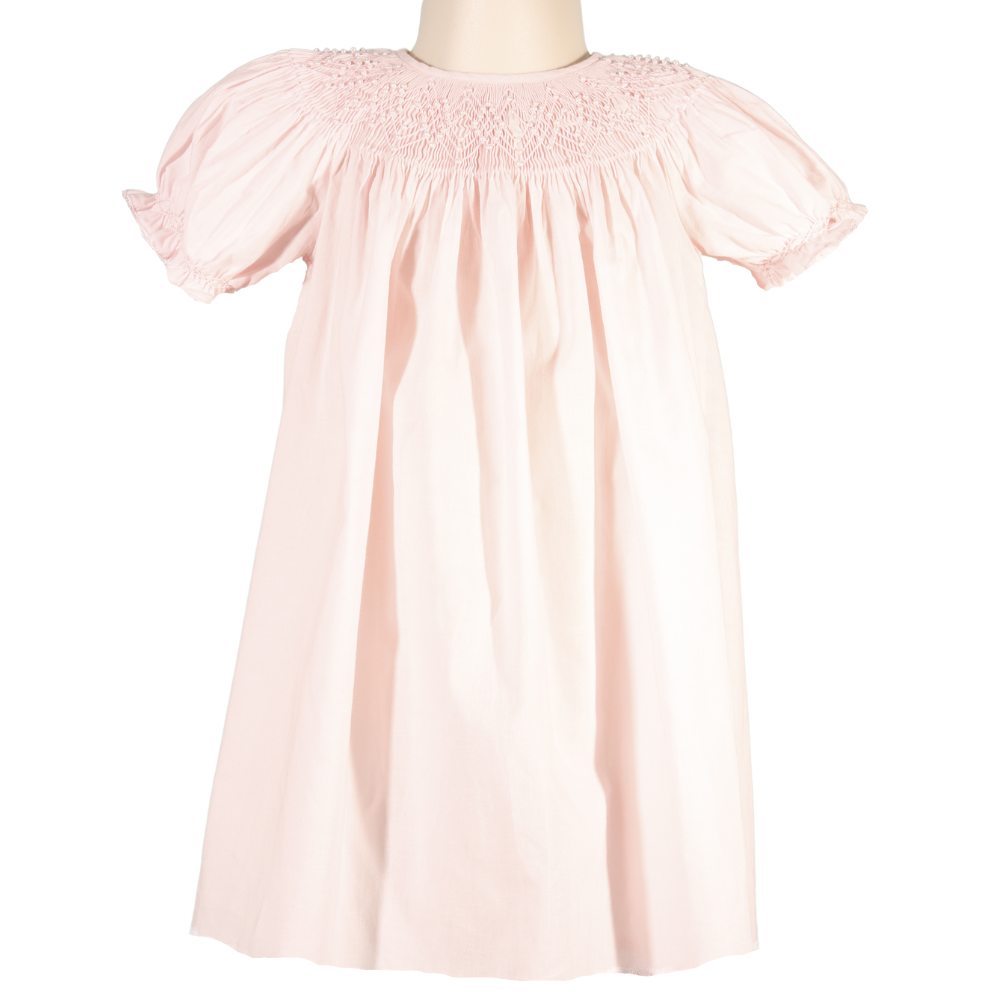 Light Pink Geometric Smocked with Pearl Short Sleeve Bishop Dress