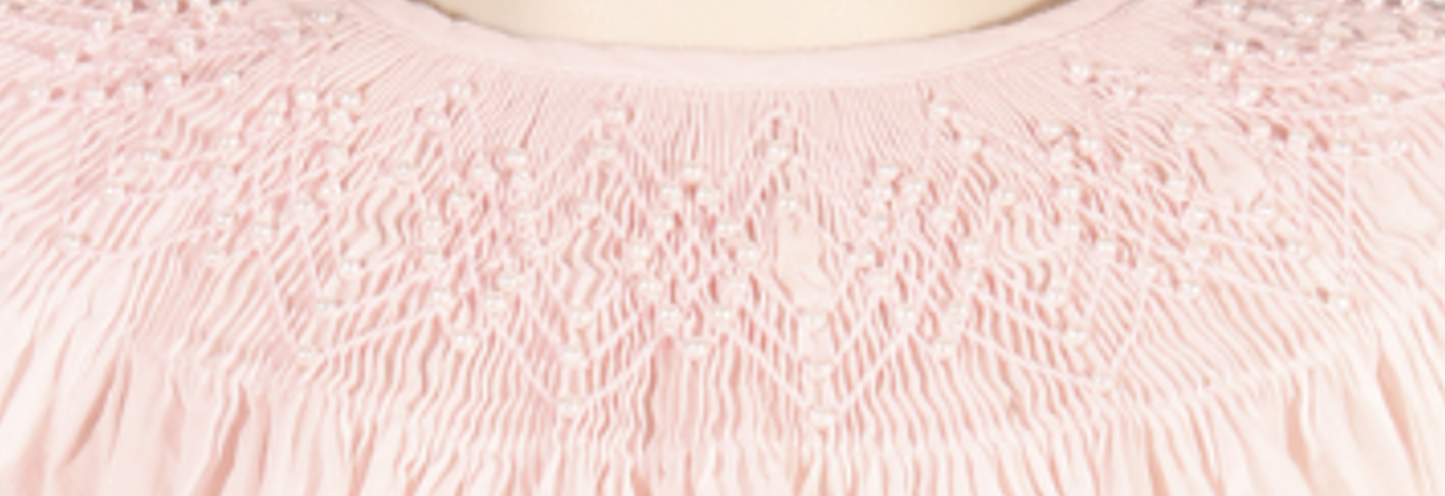 Light Pink Geometric Smocked with Pearl Short Sleeve Bishop Dress