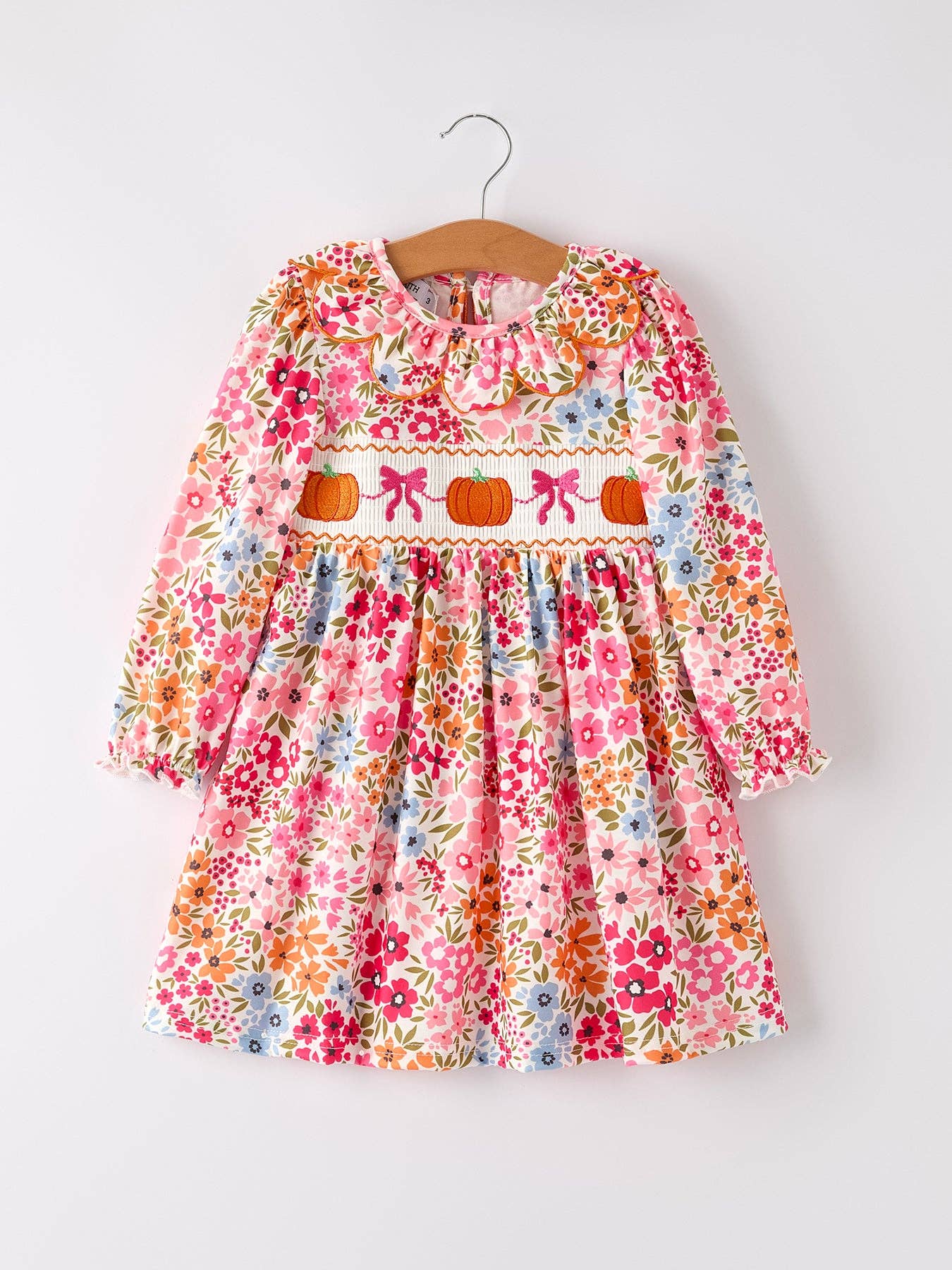 Halloween Pumpkin Bow Smock Embroidered Floral Dress