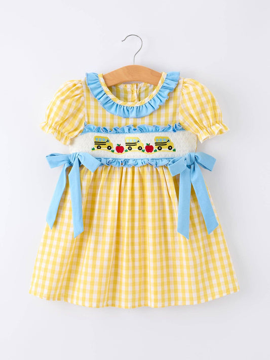 Back To School Bus Plaid Girls Dress