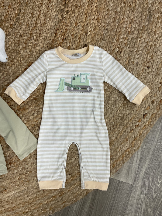 Cream Excavator Applique Stripe Romper