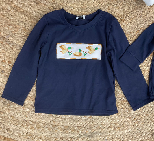 Navy Duck Embroidered Top