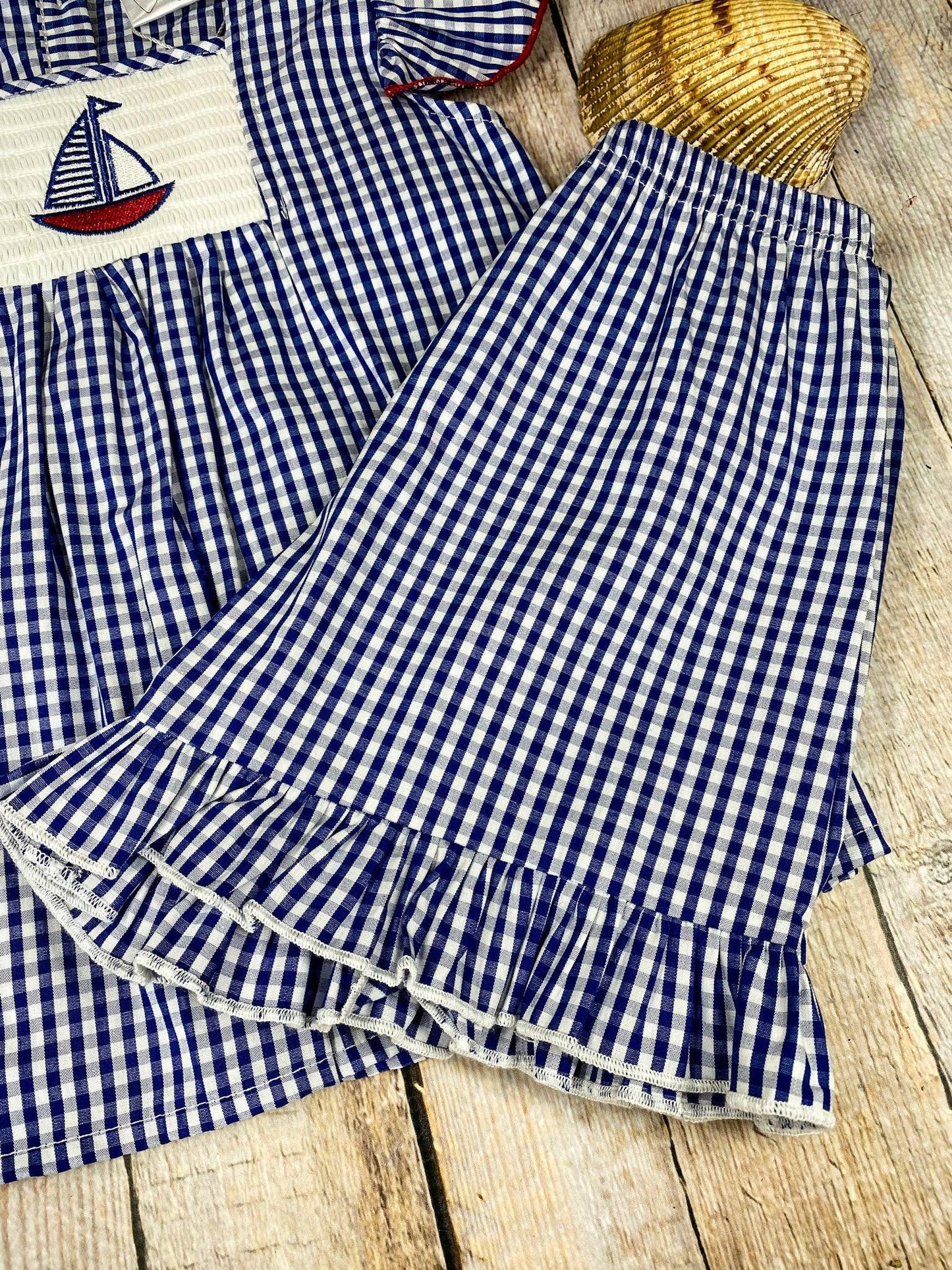 Blue Gingham Smocked Sailboat Girls Short Set