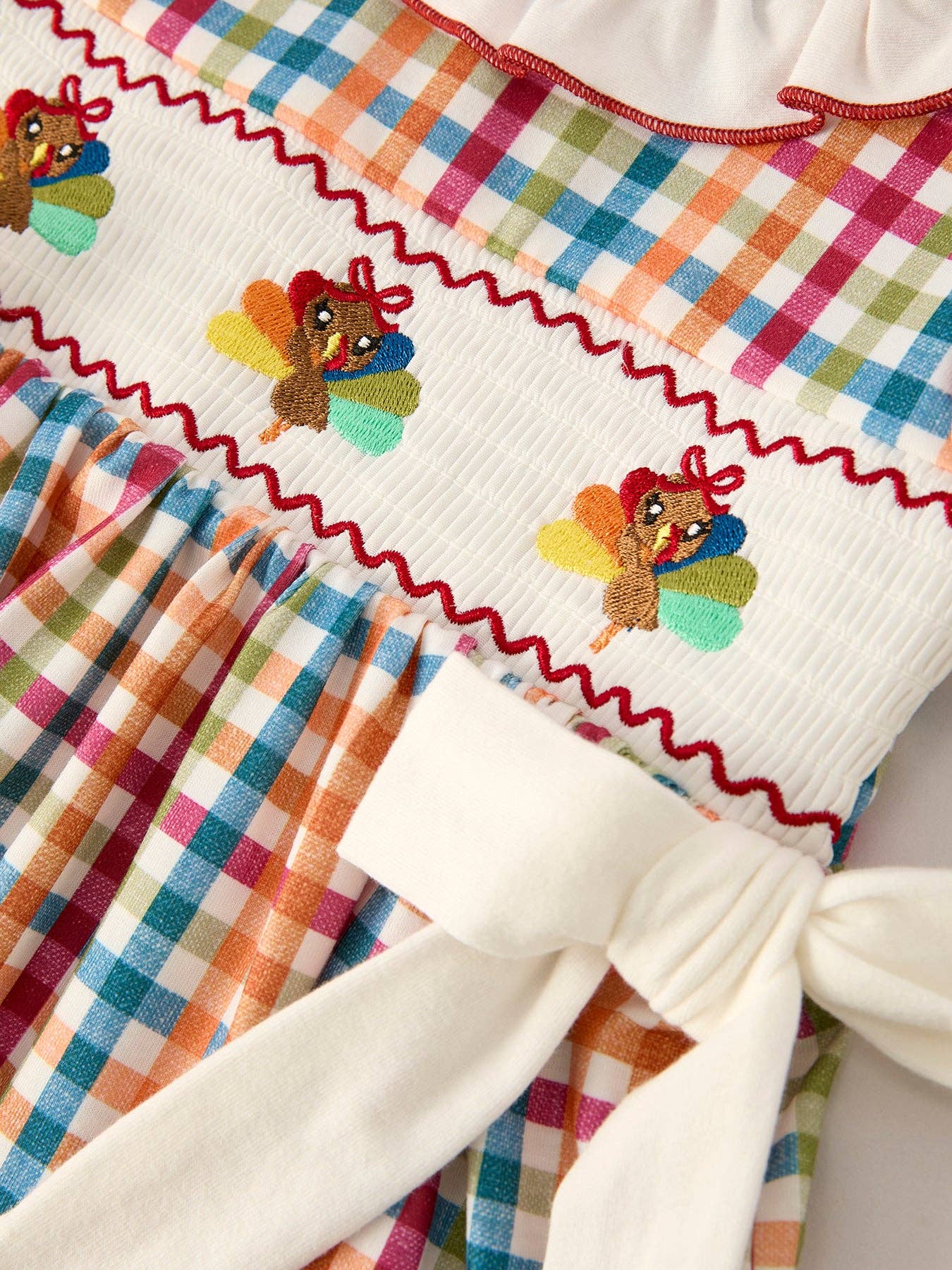 Thanksgiving Plaid Turkey Embroidery Smocking Girls Dress
