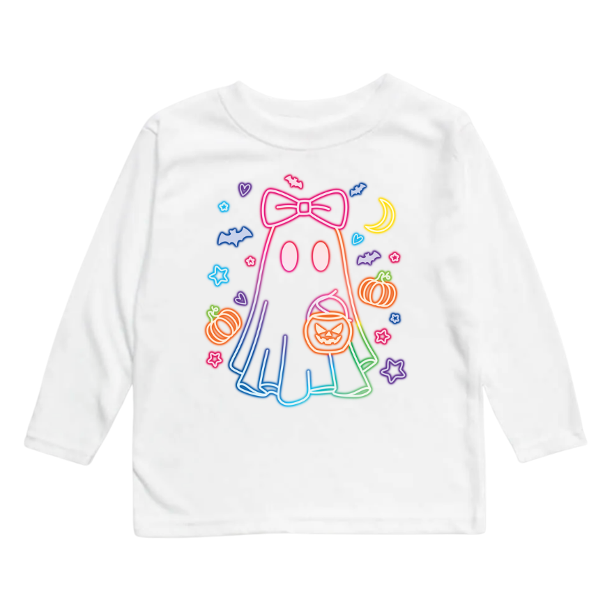 Neon Ghost Girls Halloween Tee Shirt, Pumpkins