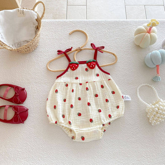 Strawberry Waffle Romper Red Bow Straps