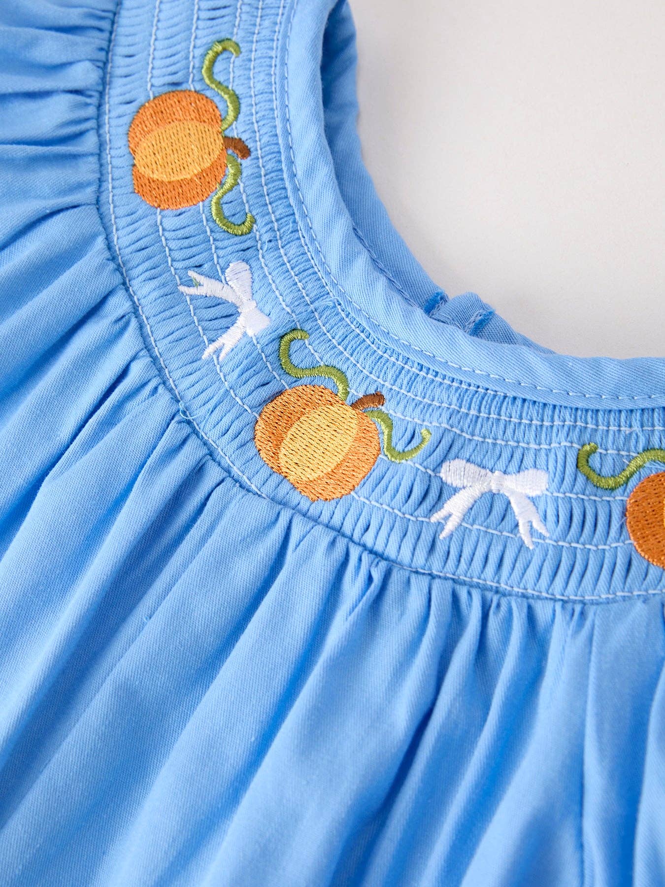 Fall Blue Pumpkin Smock Embroidery Lace Baby Girl Romper