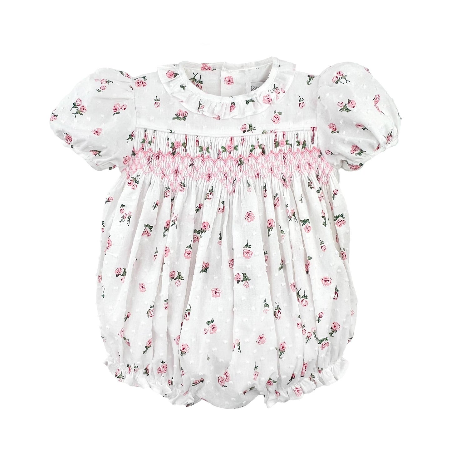 Floral Print Swiss Dot Bubble with Hand Smocking