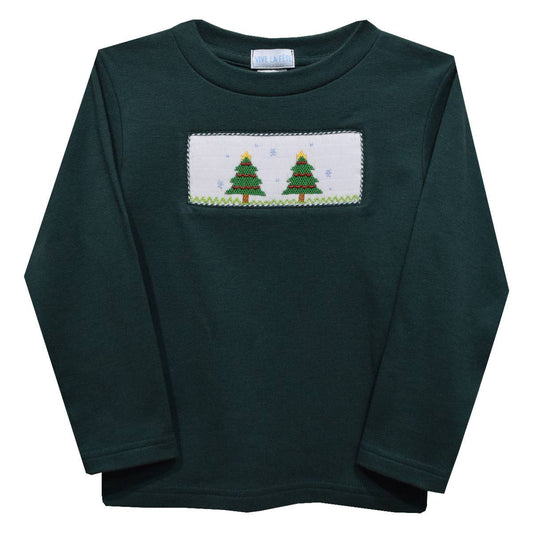 Christmas Tree Smocked Hunter Green Long Sleeve Boys T-Shirt