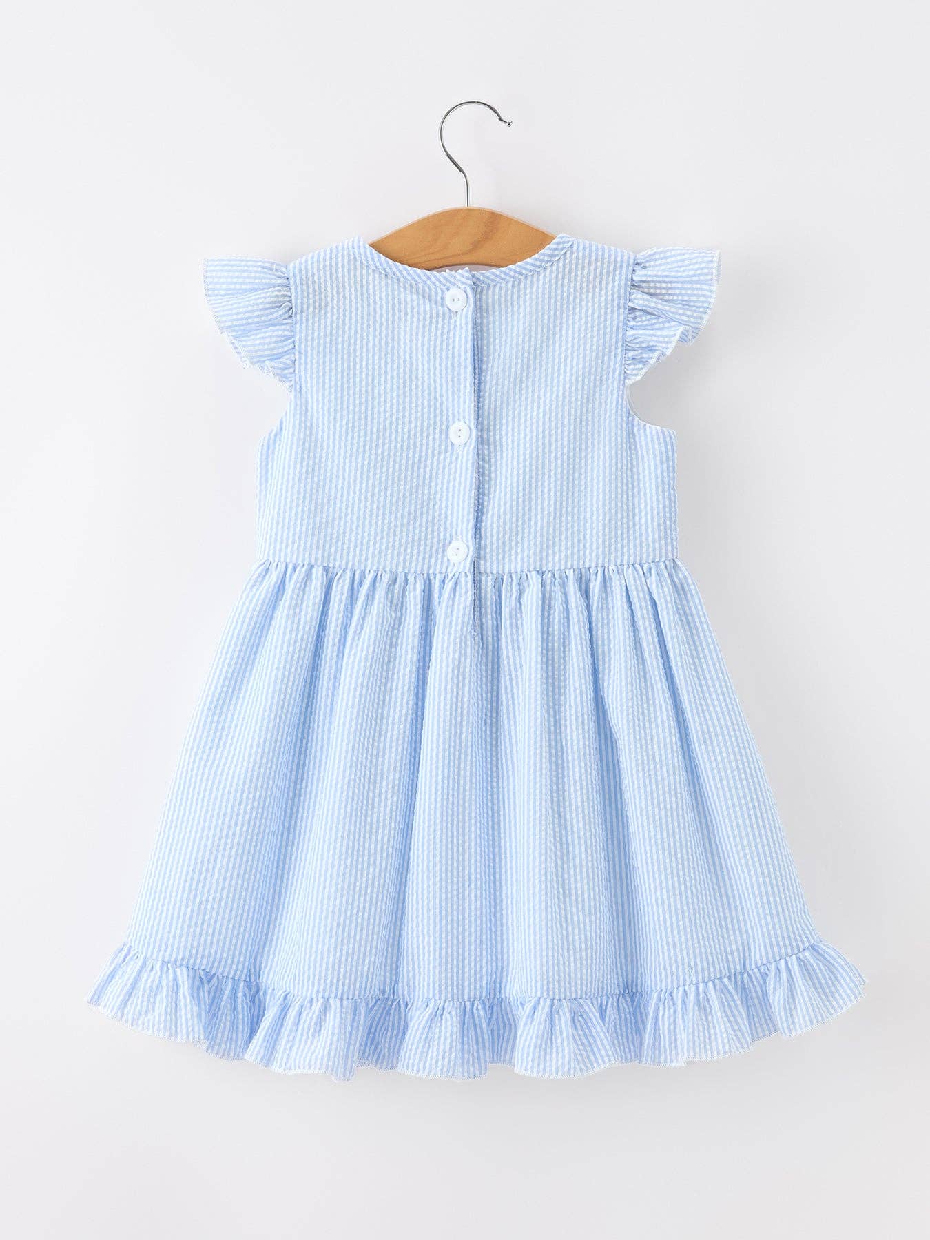 Summer Bus Applique Girls Dress Blue Stripe Ruffle