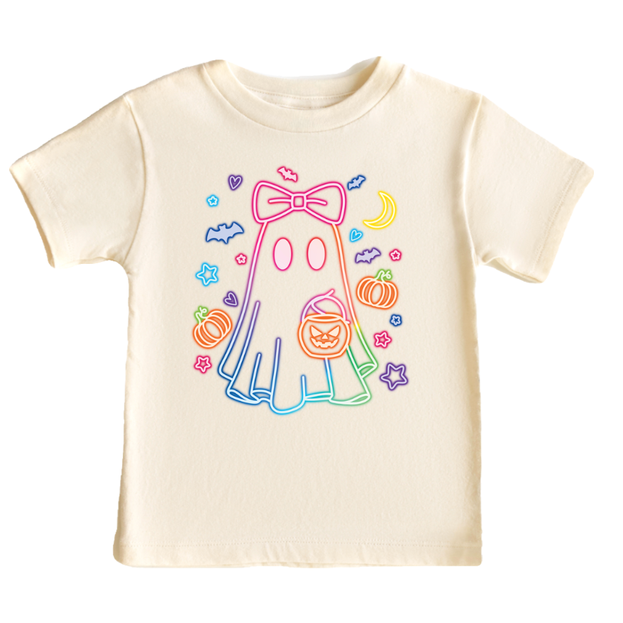 Neon Ghost Girls Halloween Tee Shirt, Pumpkins