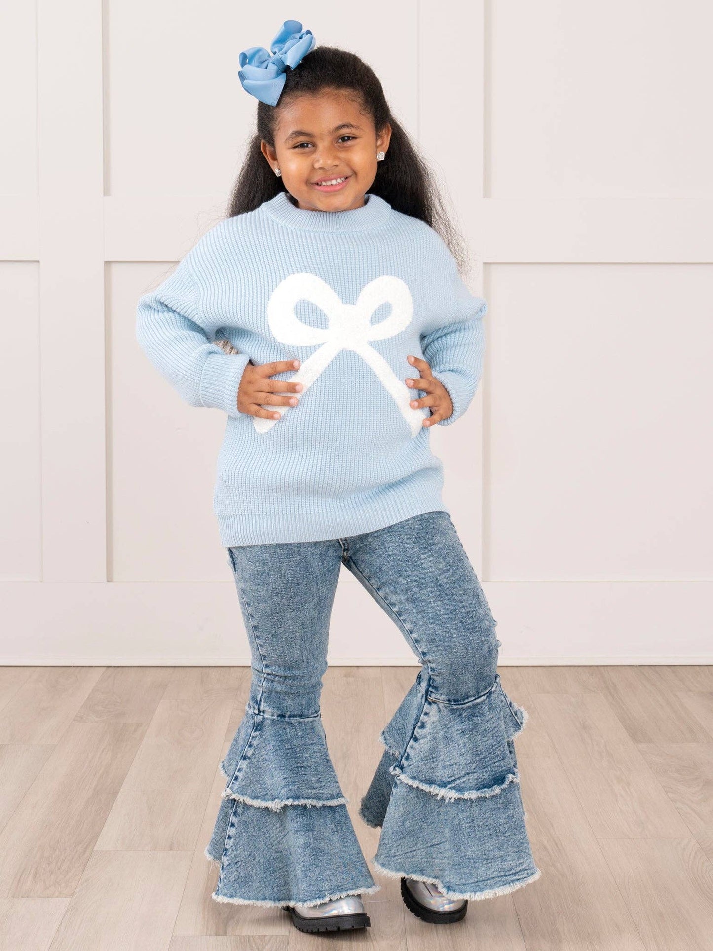 Blue Knit Bow Sweater