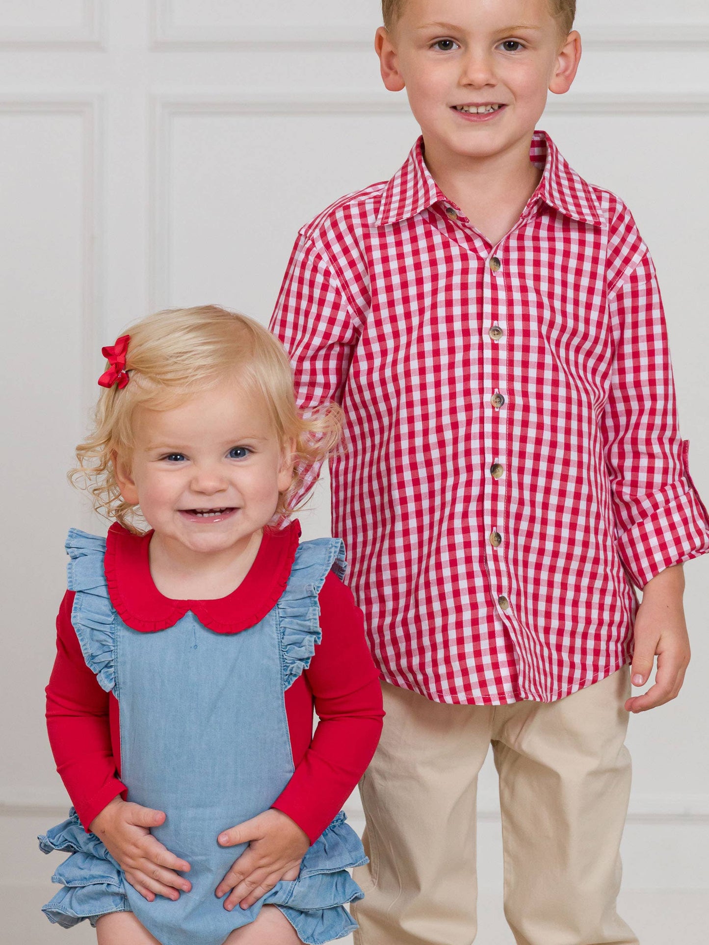 Boys Christmas Classic Red Gingham Long Sleeve Button Down Shirt