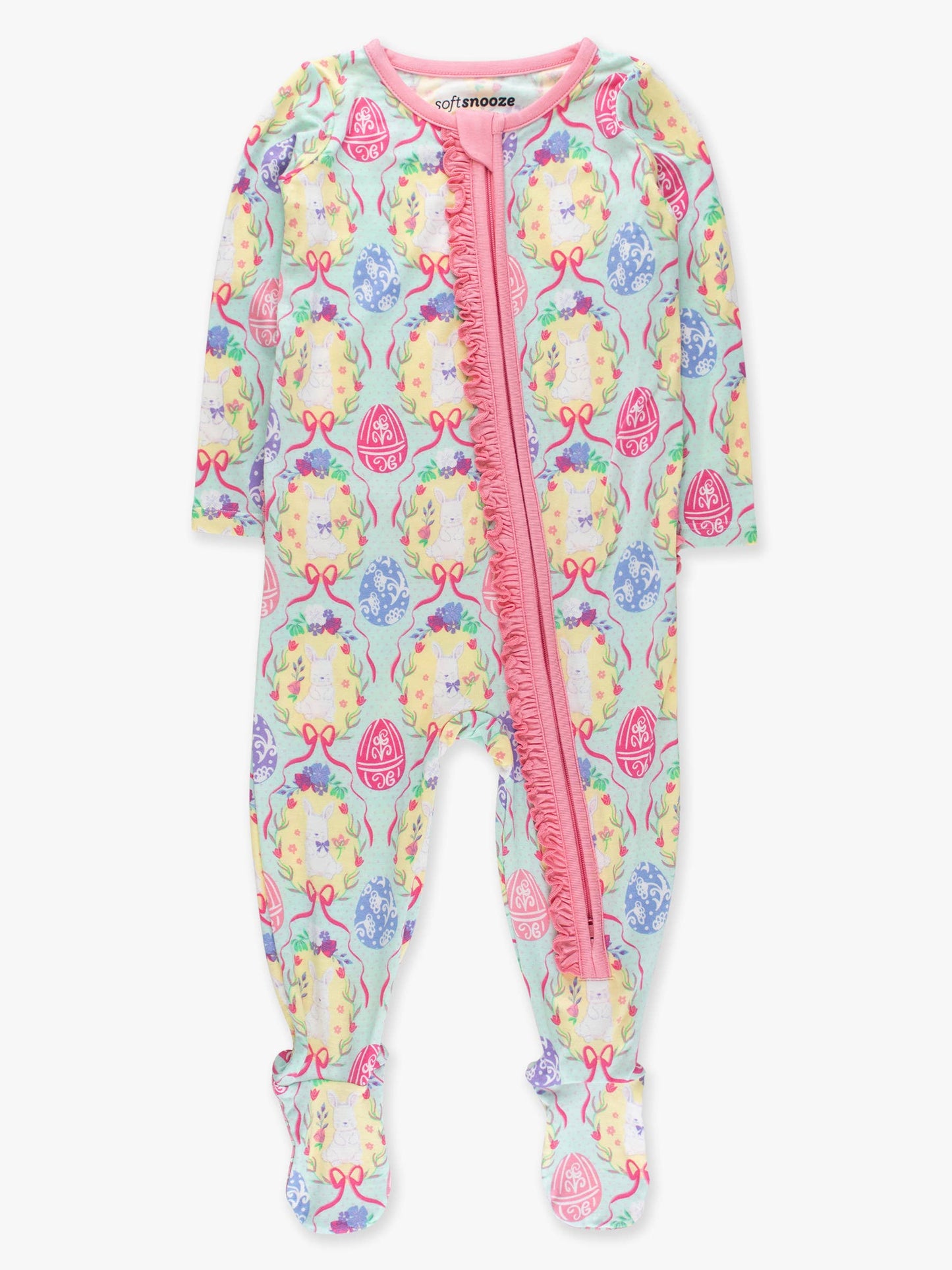SoftSnooze™ Baby Girls Bamboo Viscose Bunnies in Bloom Footed Ruffle One Piece Pajama