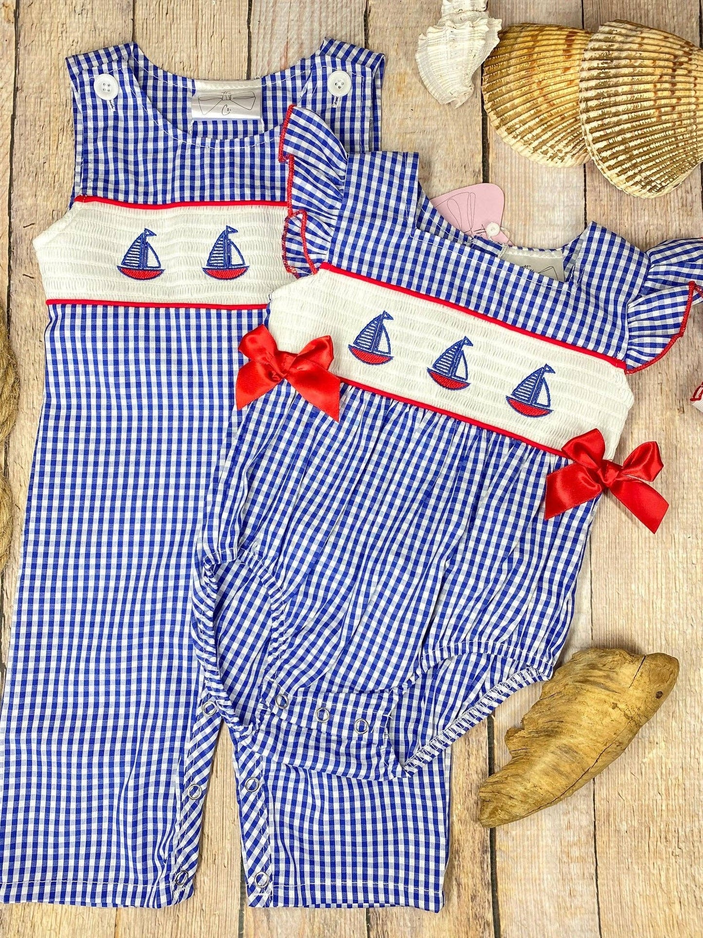 Blue Gingham Smocked Sailboat Girls Bubble
