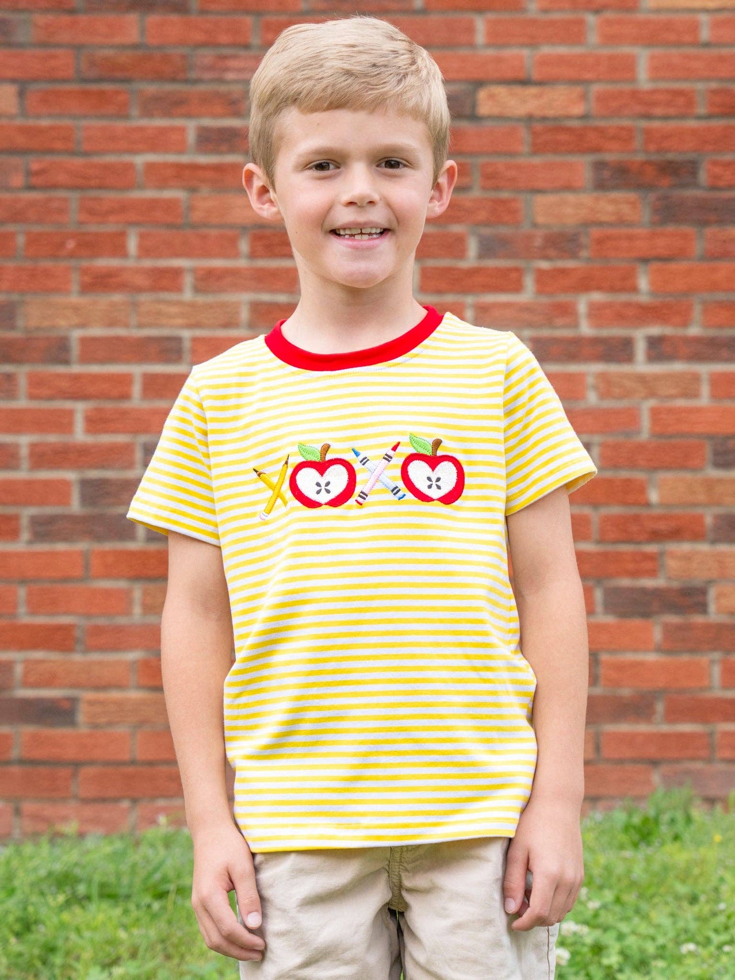 Striped Embroidered Apples & Pencils Cotton Shirt