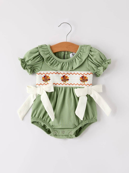 Turkey Smock Embroidered Green Baby Girl Bubble