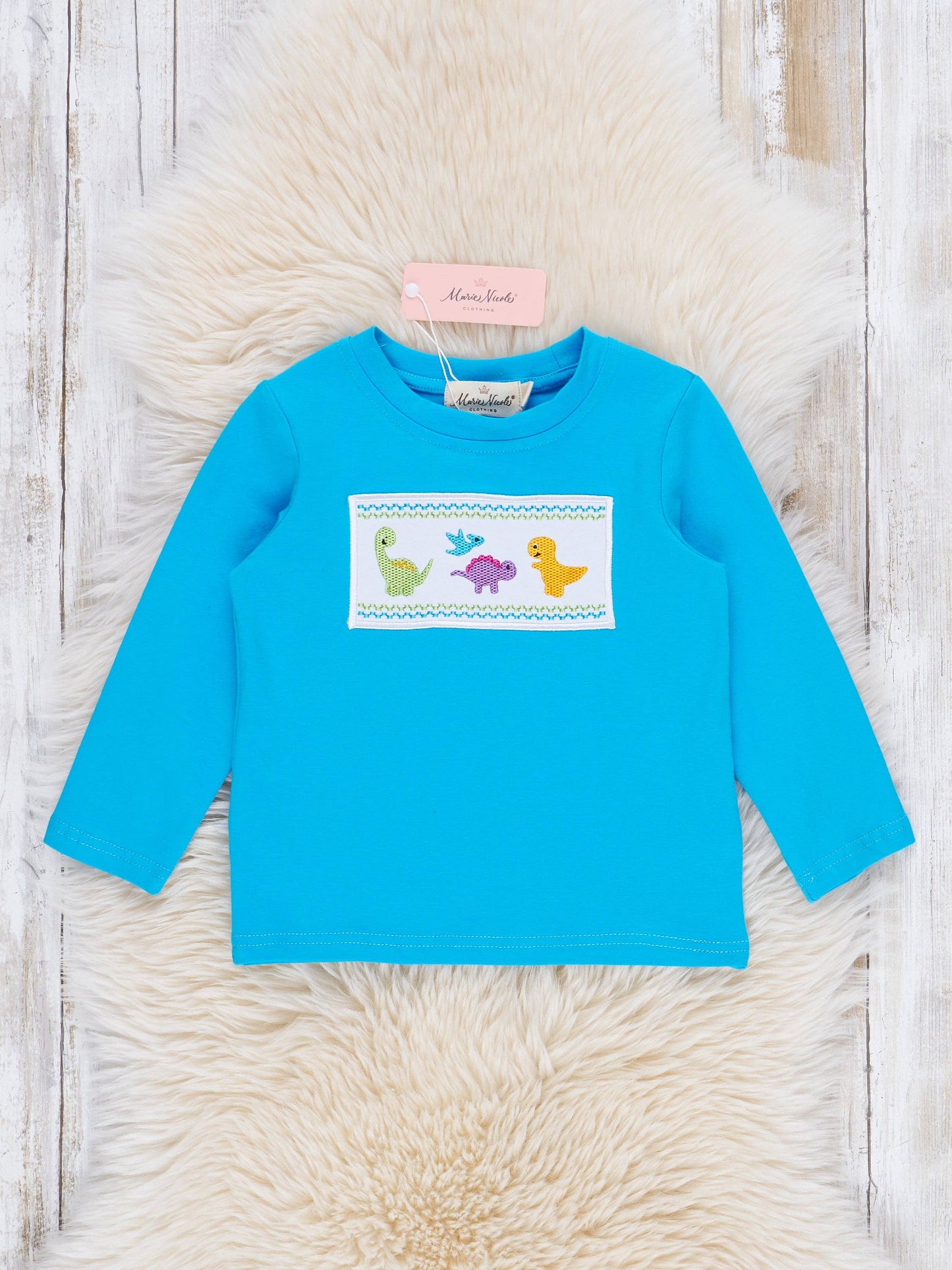 Blue Smocked Dinosaurs Shirt