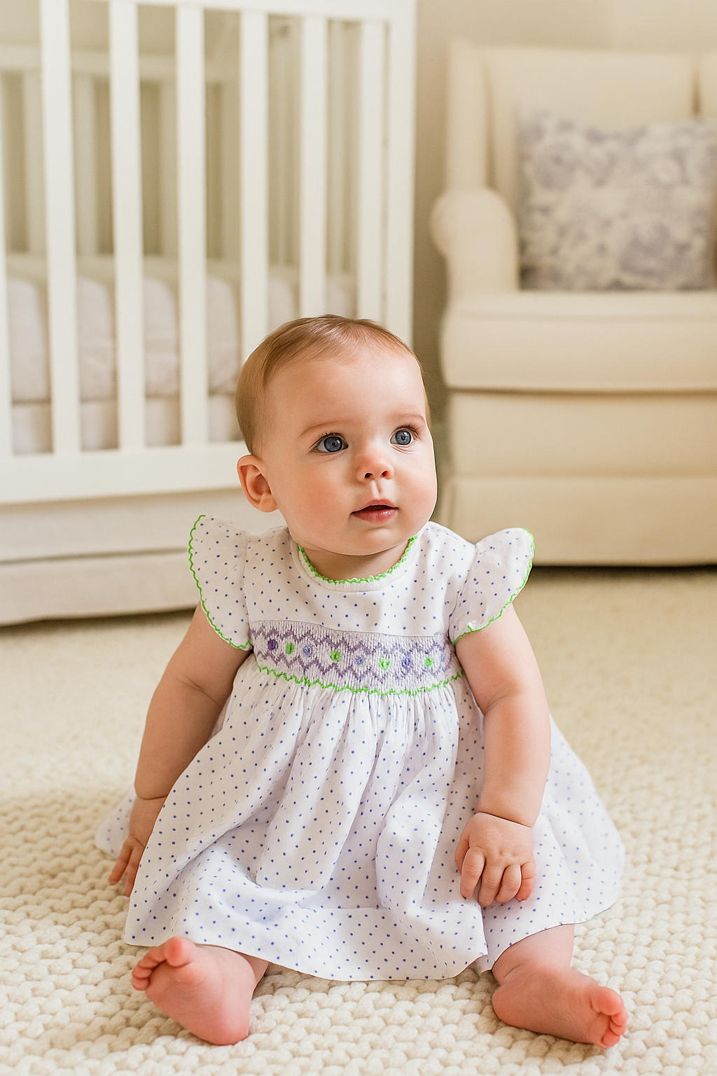 Lavender Dot Print Sleeveless Dress w/ Corded Hand Smocking