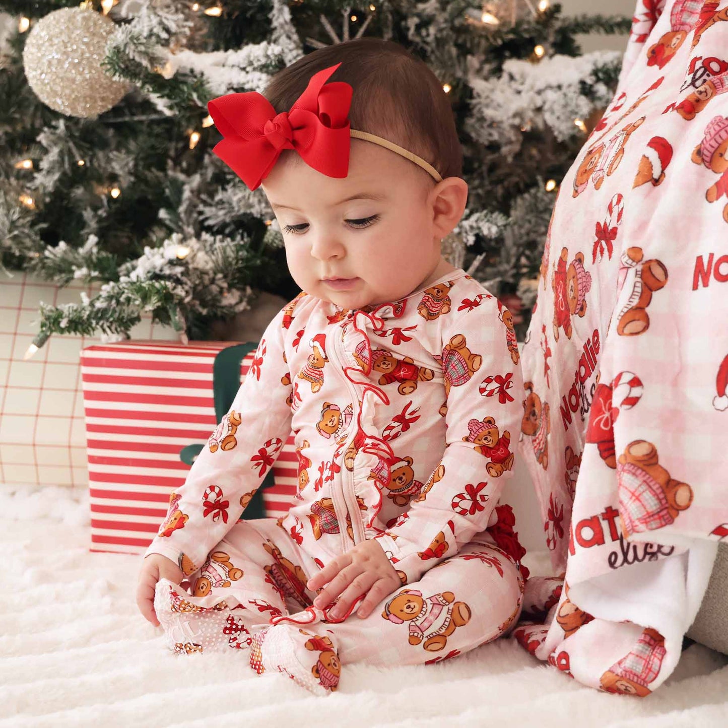 Beary Christmas Ruffle Zipper Footie | Pink