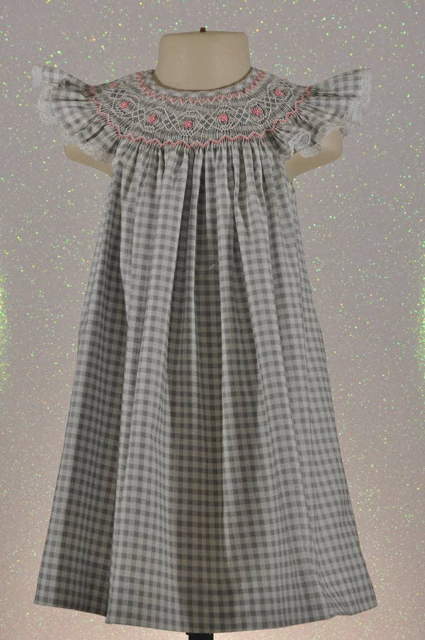 Gray & White Checked Geo Smocked Angel Sleeve Bishop Dress