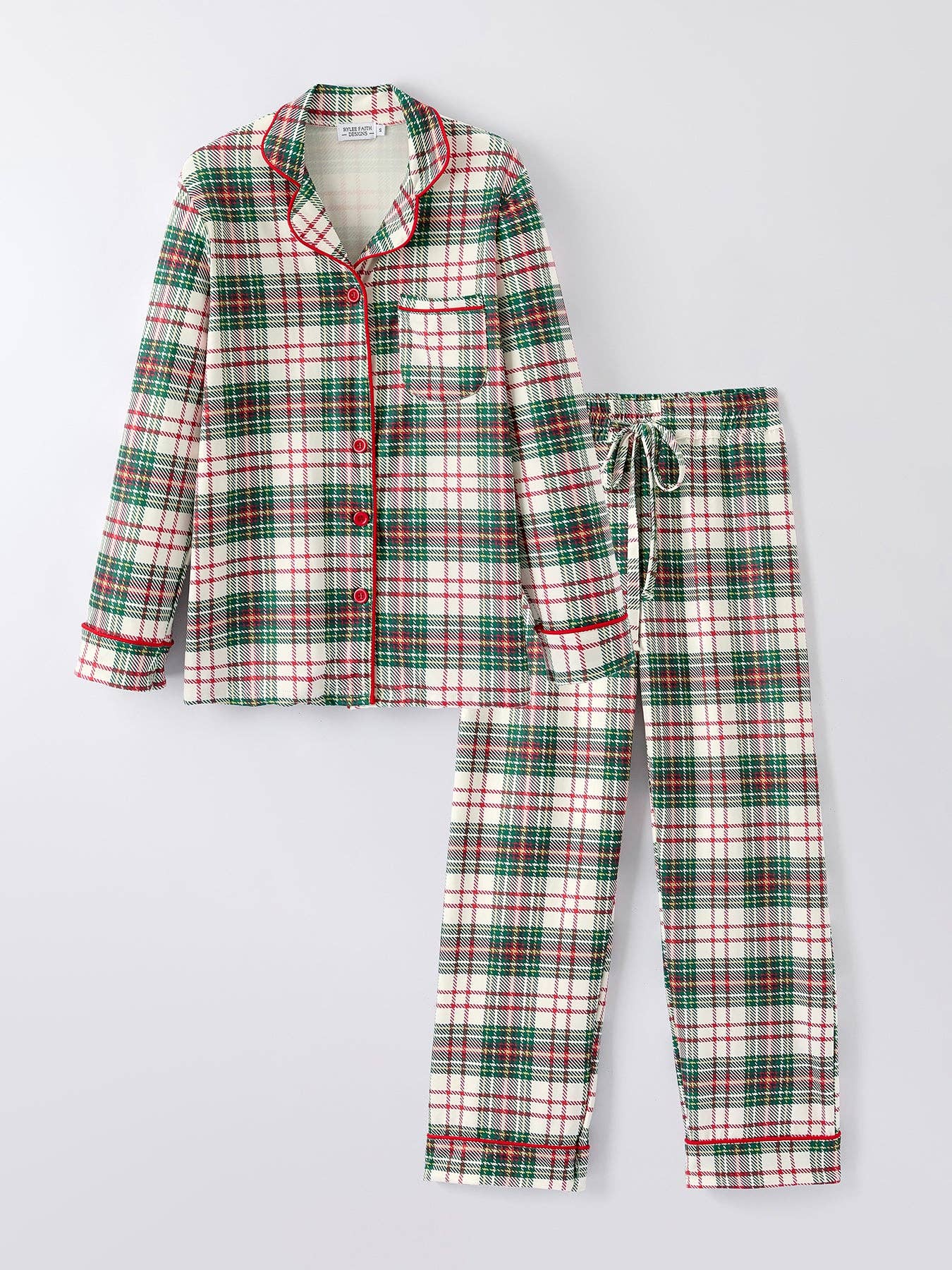 Christmas Plaid Pajamas Set with Long Sleeves and Red Cuffs