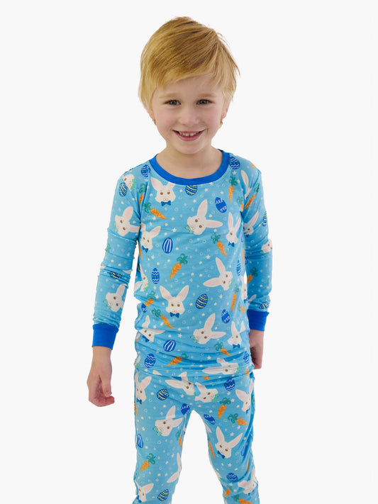 SoftSnooze™ Kids Bamboo Viscose Blue Bow Tie Bunnies Long Sleeve Pajama Set