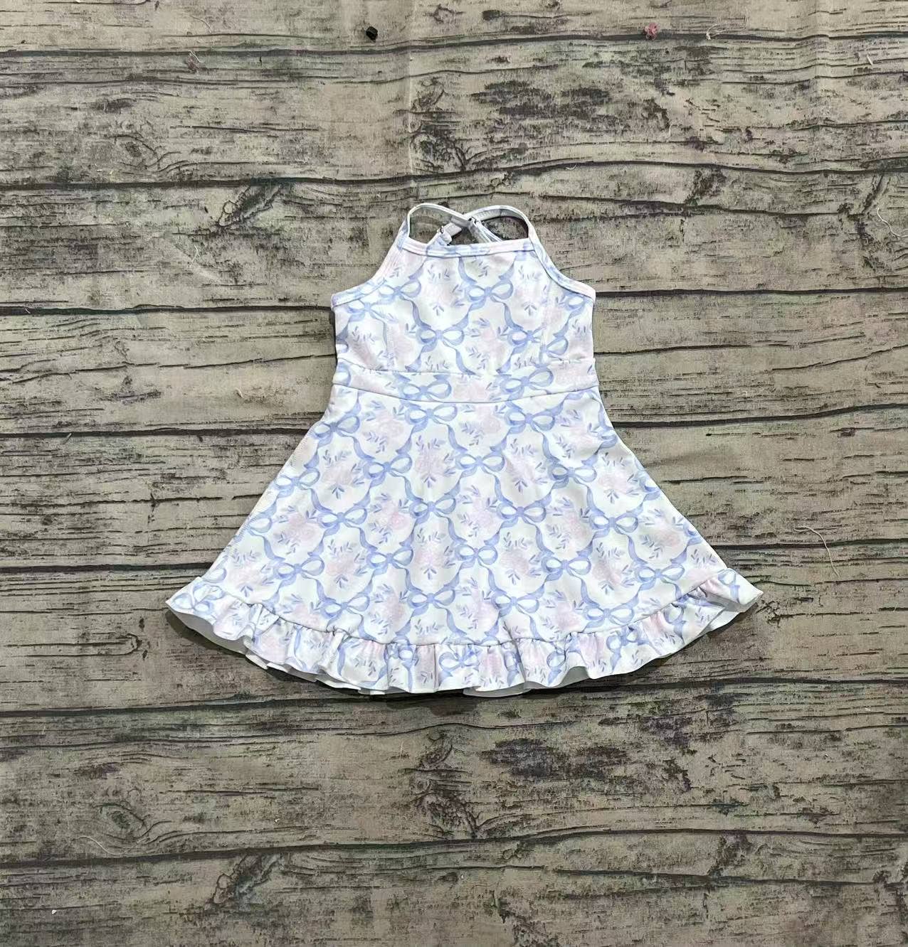 Baby Girls Strap Blue Bows Floral Yoga Ruffle Athletic Dresses