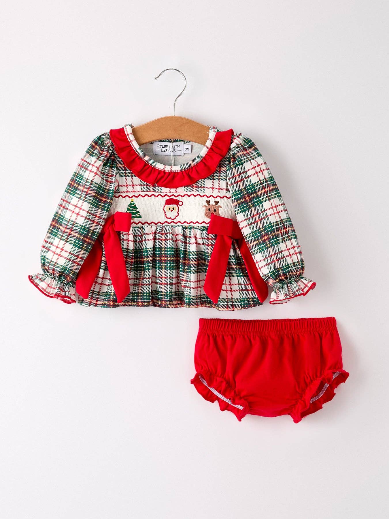 Christmas Plaid Embroidered Bloomer Set
