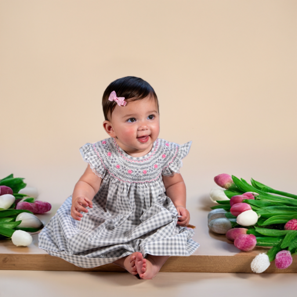 Gray & White Checked Geo Smocked Angel Sleeve Bishop Dress