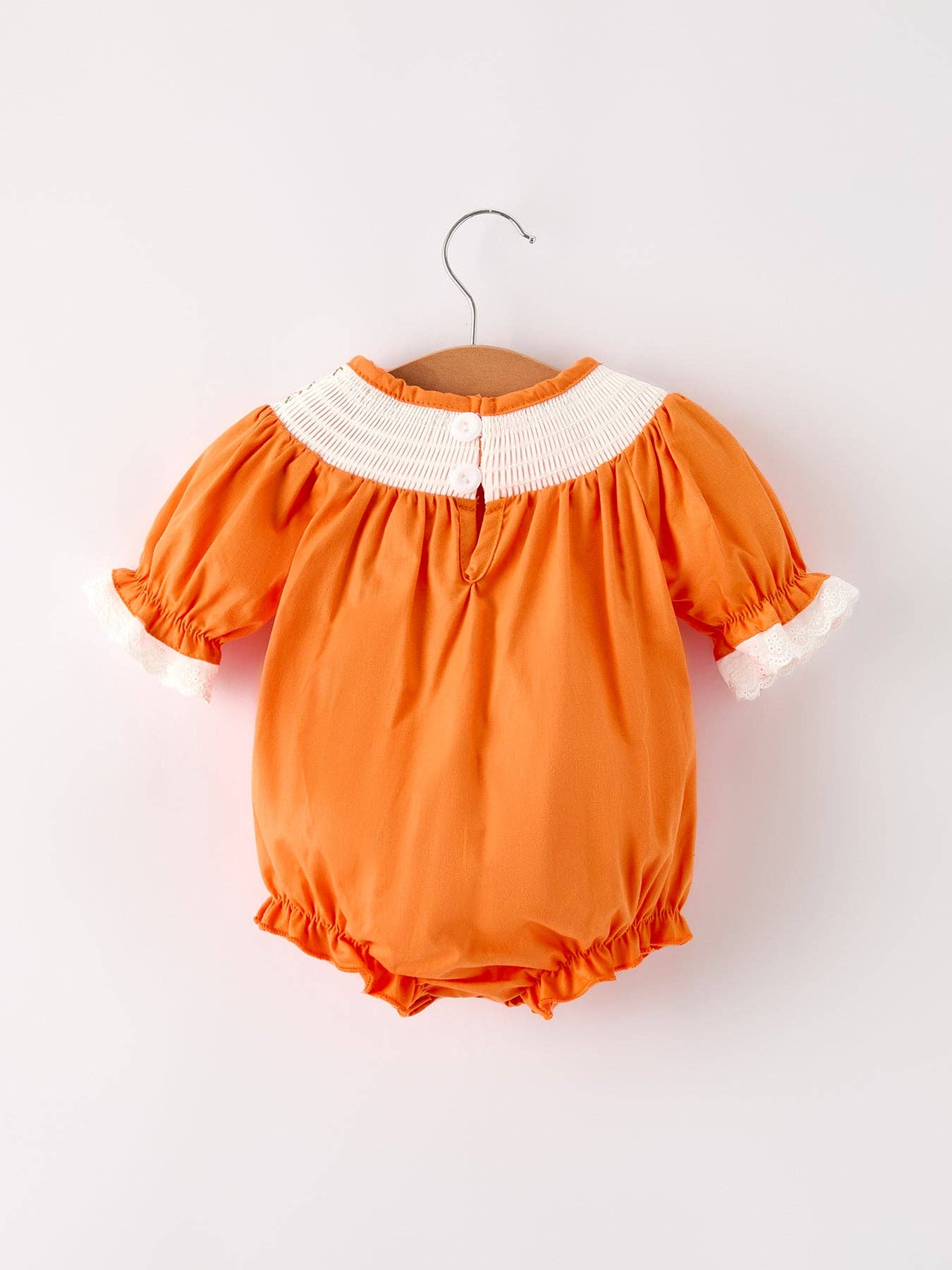 Fall Orange Pumpkin Smock Embroidery Lace Baby Girl Romper