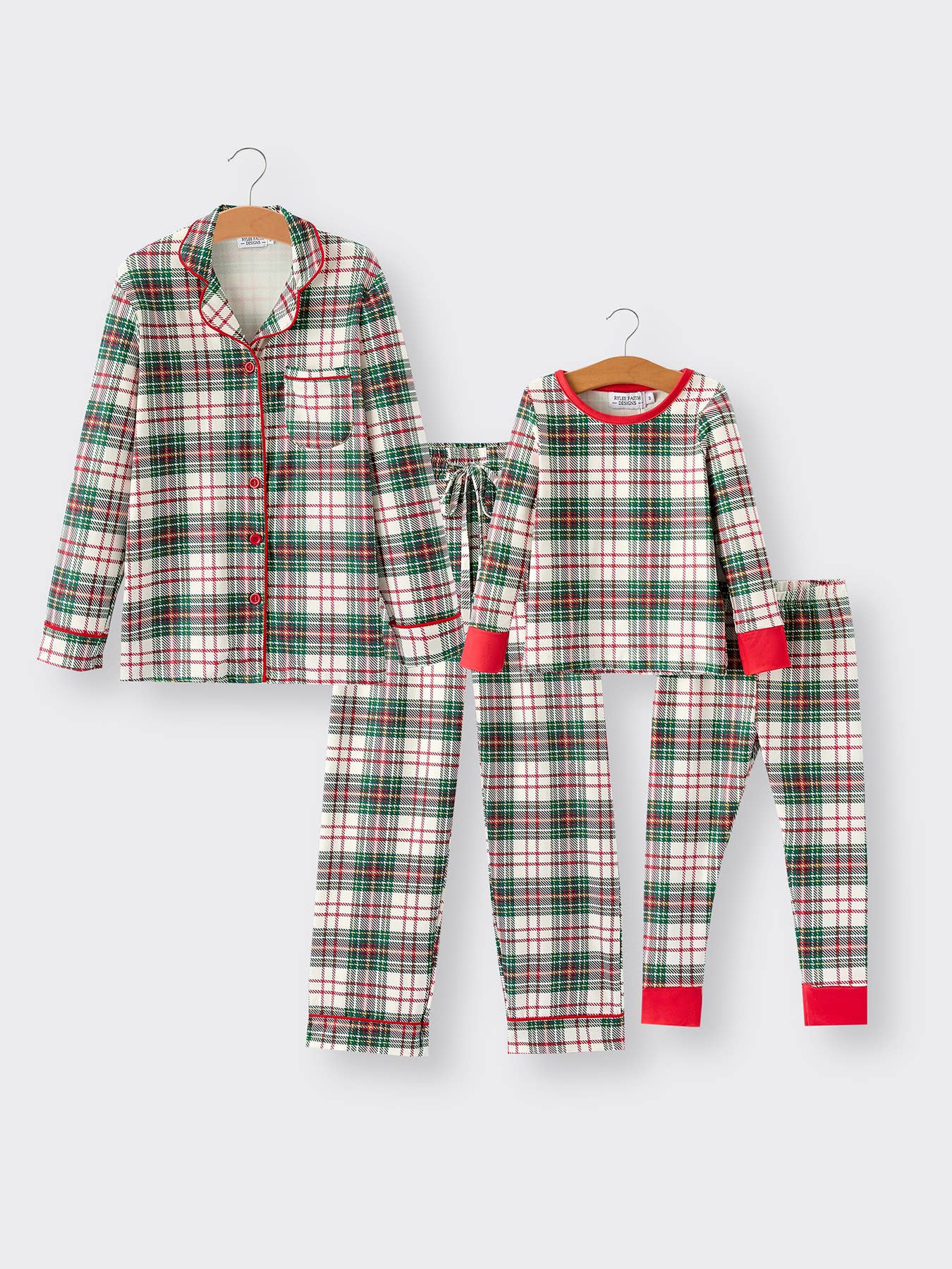 Christmas Plaid Pajamas Set with Long Sleeves and Red Cuffs