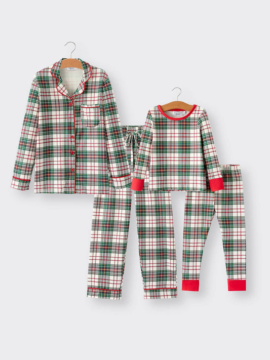 Christmas Plaid Pajamas Set with Long Sleeves and Red Cuffs