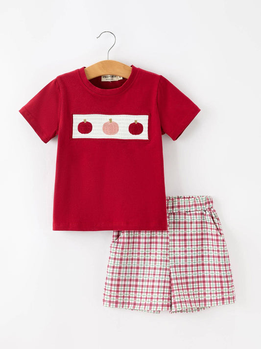 Fall Pumpkin Boys Outfit Set Red Tee Plaid Shorts Set