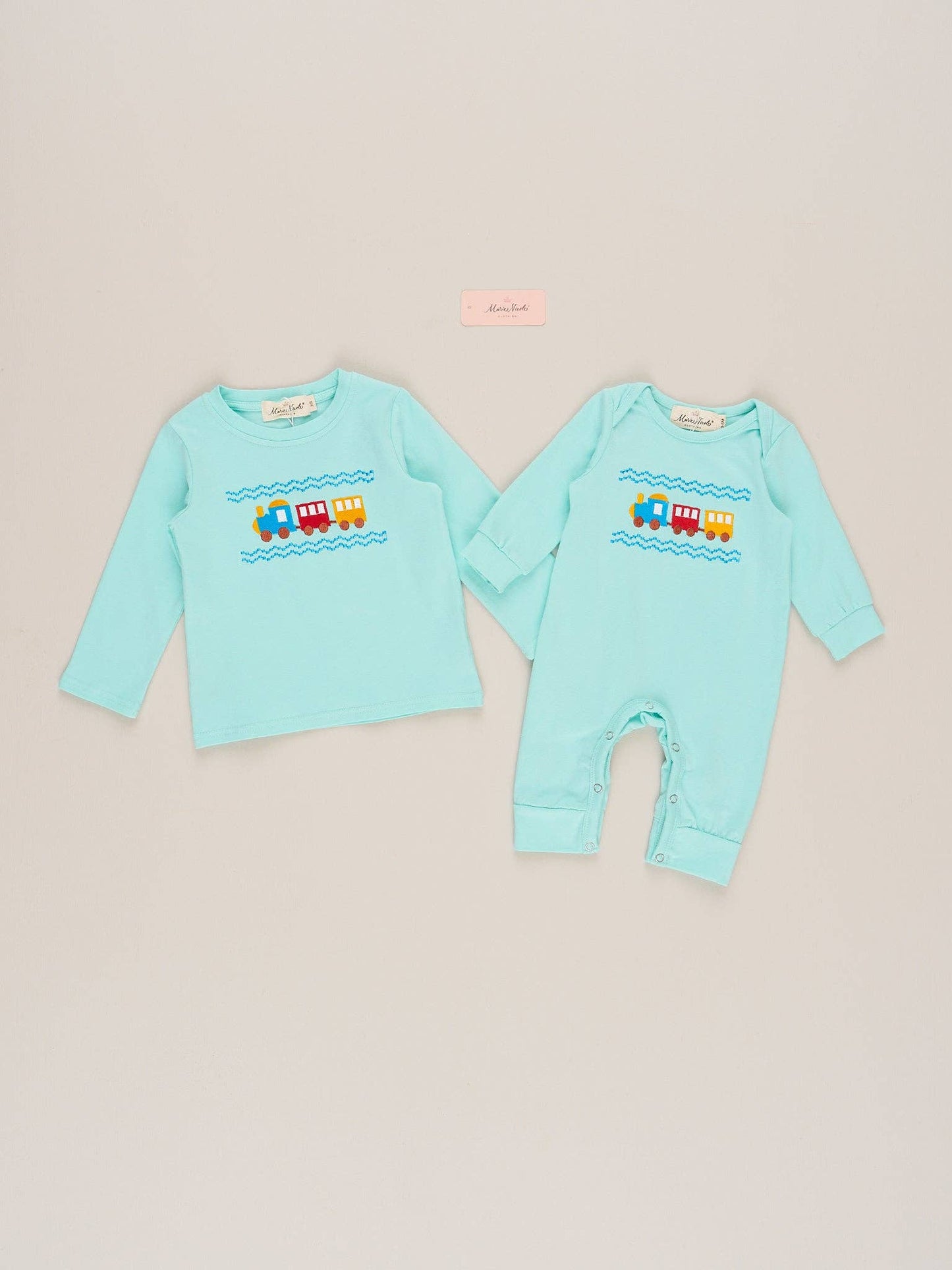 Teal & Yellow Embroidered Trains Romper