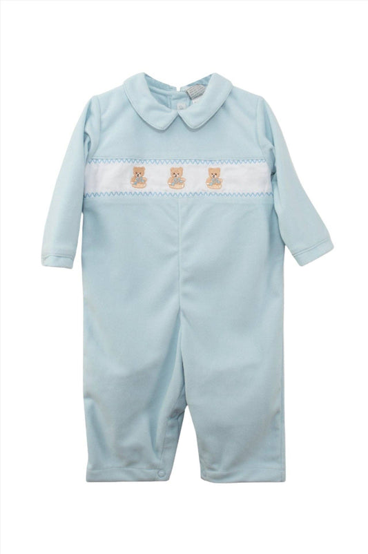 Smocked Teddy Bear Blue Baby Boy Longall