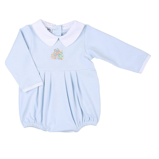 Sweet Gingerbread Blue Embroidered Collared Long Sleeve Boy Bubble