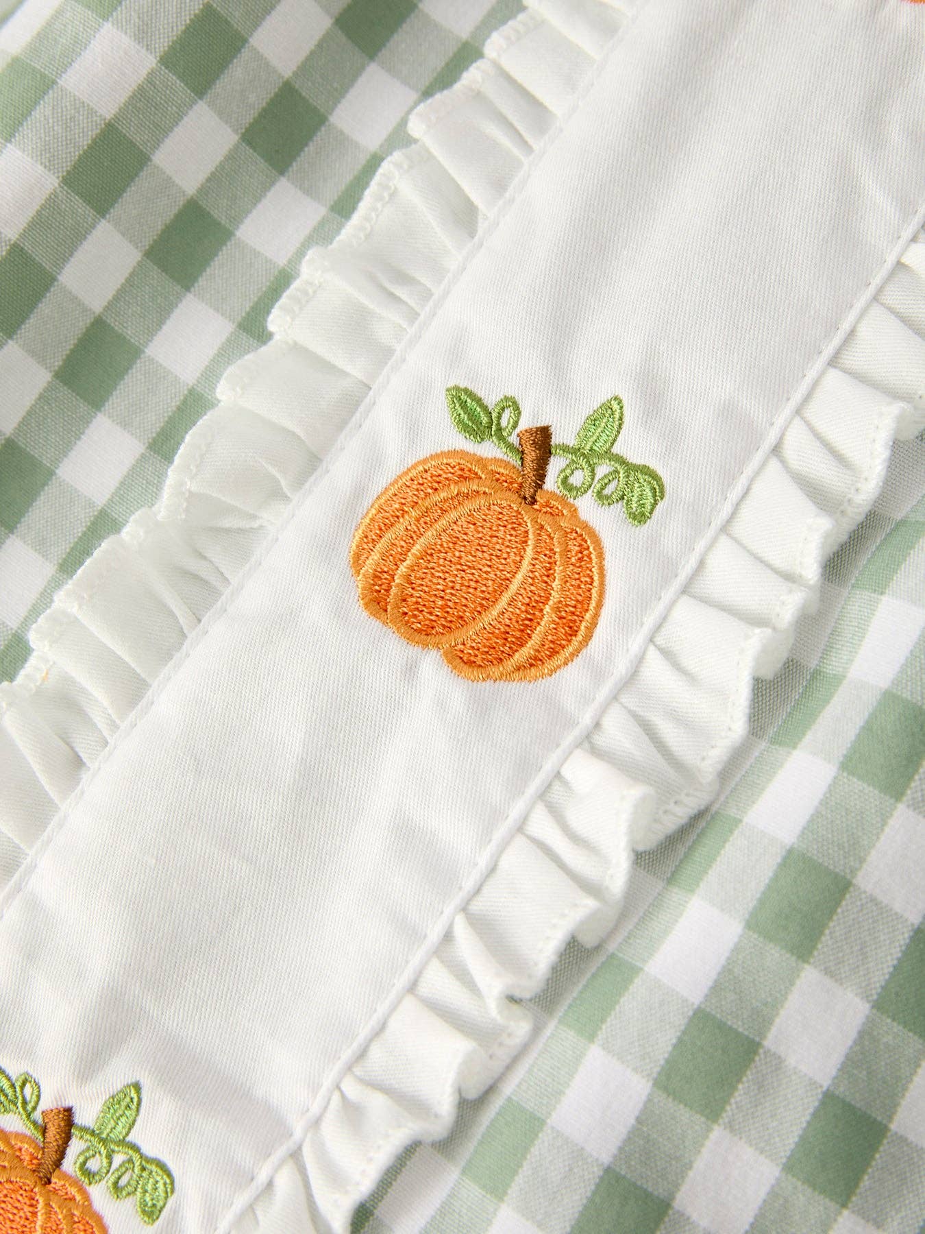 Fall Pumpkin Applique Plaid Green Girls Dress